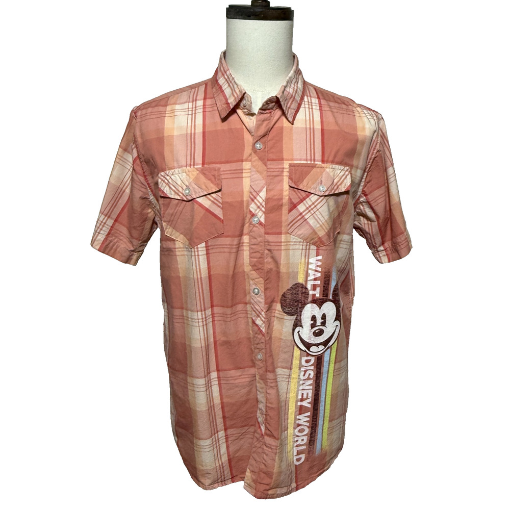 Disney Parks Mickey Mouse Shirt Mens‎ Medium Pink Plaid Short Sleeve Button Up